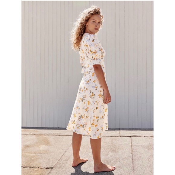 Reformation Maribel Linen Midi Floral Dress Puff Short Sleeves V Neck Tansy 4 - Picture 3 of 14